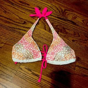 Victoria Secret Sequined Triangle Bikini Top Pink White Gold Iridescent